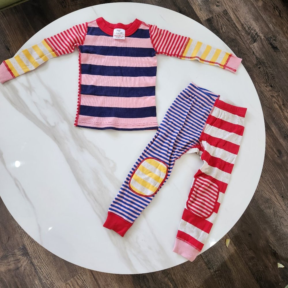 Hanna Andersson Organic Pajama Set Girls 3 90 Mixed Stripes Striped Patches Red